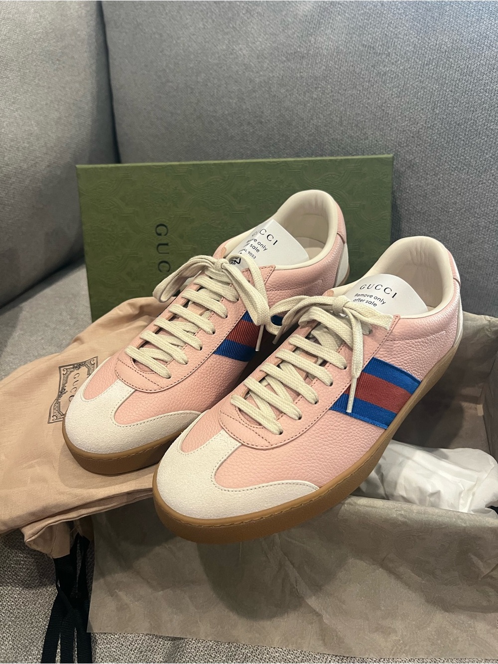 NEW Gucci G74 Web Pink Leather Suede Sneakers Size EU 40